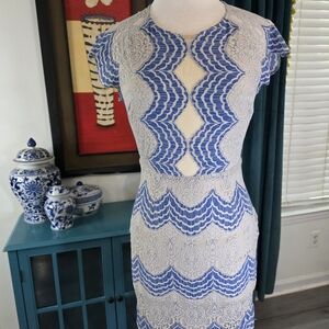 Karlie Lace Blue Sheath Dress with Flutter Cap Sleeves